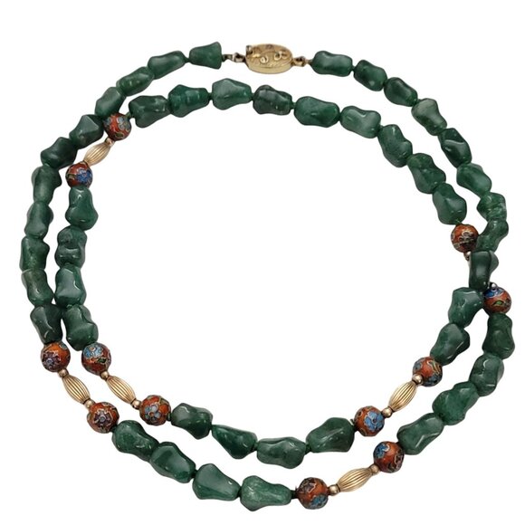 Silver Chinese Export Red Cloisonné, Aventurine Knotted Bead Necklace 30" L E869 - Picture 3 of 12